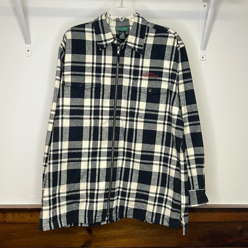 NWOT Lauren Ralph‎ Lauren Blue & White Plaid Zip Up Jacket- Large